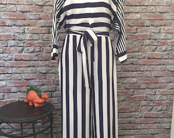 Vintage 1980's Mollie Parnis Navy Blue Striped Jumpsuit  Size Medium