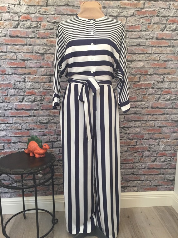 Vintage 1980's Mollie Parnis Navy Blue Striped Ju… - image 4