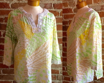 Women's Vintage Cotton Eyelet Daisy Pastel Tunic With Crochet Detailing