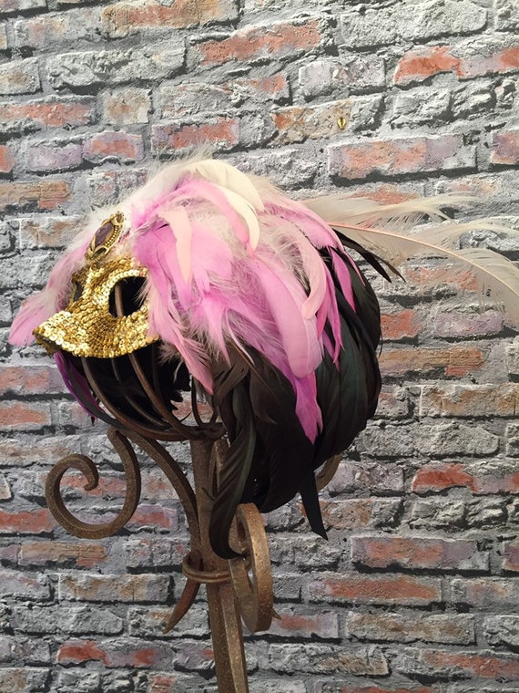 Vintage 1980's Feather Sequin Mask Pink Purple Ha… - image 4