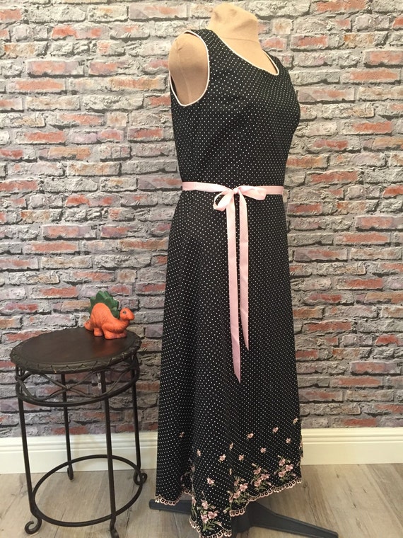 Vintage Black Polka Dot Maxi Dress With Pink Pipi… - image 5