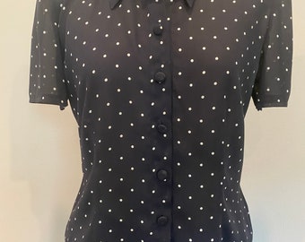 Vintage Karin Steven’s Navy Polka Dot Peplum Blouse Size 6