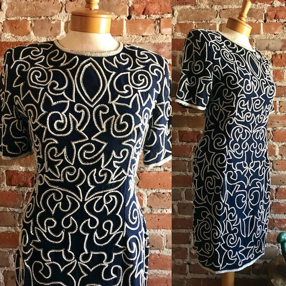 Vintage Stenay 100% Silk Beaded Cocktail Dress, E… - image 1