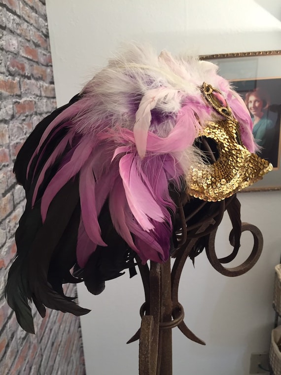 Vintage 1980's Feather Sequin Mask Pink Purple Ha… - image 3