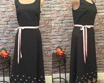 Vintage Black Polka Dot Maxi Dress With Pink Piping And Pink Embroidered Flowers  Size 10