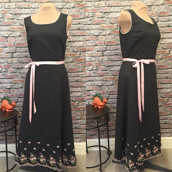 Vintage Black Polka Dot Maxi Dress With Pink Pipi… - image 1