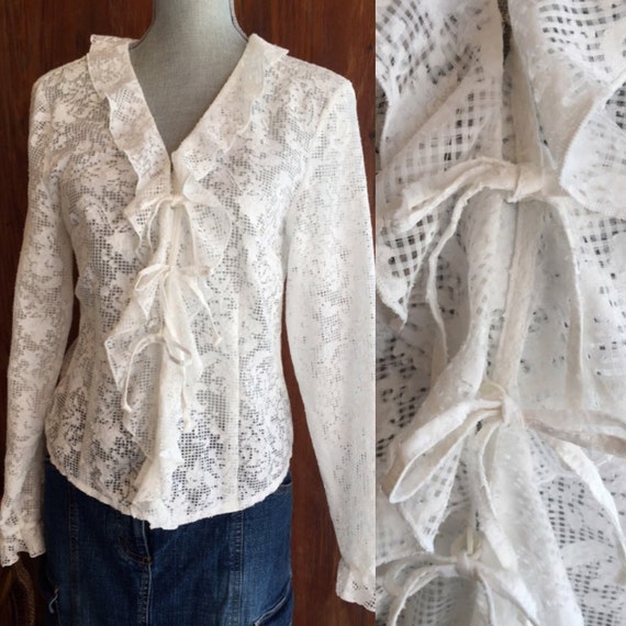 Vintage Designer TUZZI White Floral Lace Ruffled … - image 1