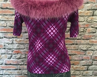 Vintage bluemarine Purple Fox Trim Plaid  Argyle Sweater  Size Italy 44  USA 8