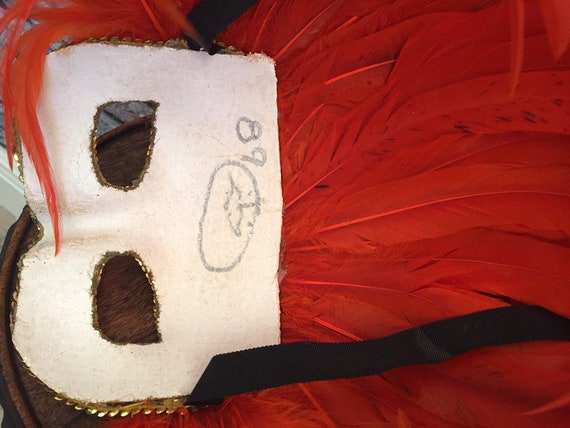 Vintage 1980's Feather Sequin Orange Costume Mask… - image 5