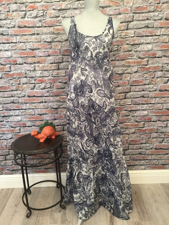 Vintage Silk Racer Back Maxi Dress Blue and White Paisley Size Small