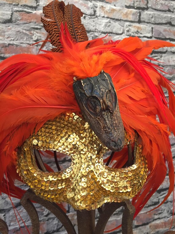 Vintage 1980's Feather Sequin Orange Costume Mask 