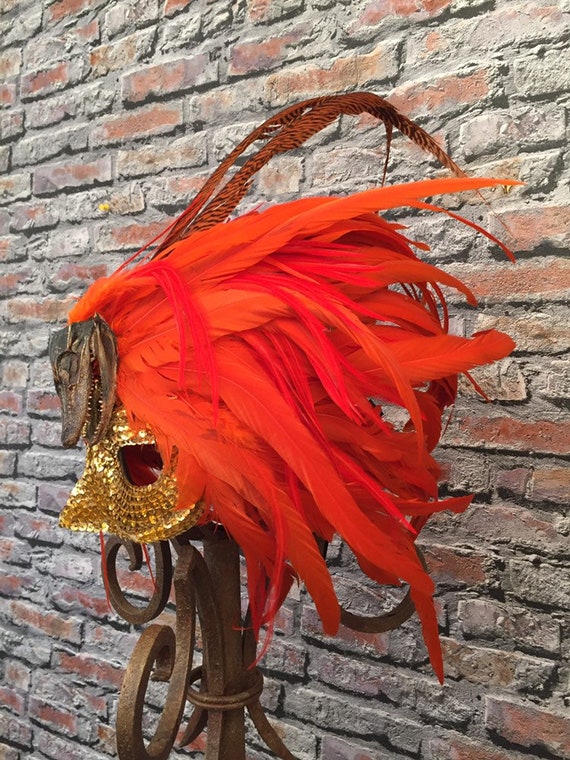 Vintage 1980's Feather Sequin Orange Costume Mask… - image 4