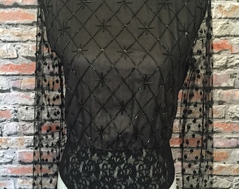 Vintage Bill Blass zijden romper met kralen en lange mouwen, maat Small