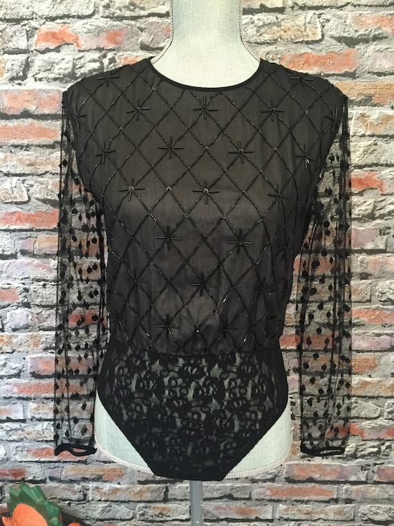 Vintage Bill Blass Silk Beaded Long Sleeve Bodysuit Size Small