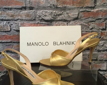 Vintage Manolo Blahnik Metallic Gold Sling Back Sandal 3" Heel    Size 37