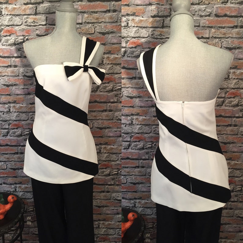 Vintage Mascara Black/Winter White Asymetric Stripe One Shoulder Tunic Size 4-6 image 1