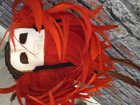 Vintage 1980's Feather Sequin Orange Costume Mask… - image 6