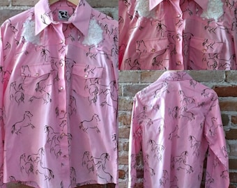 Button-down overhemd in westernstijl met paarden en vintage kanten uitsnijdingen, maat Small