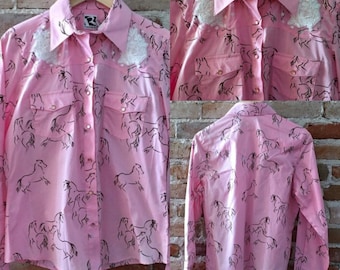 Up-cycled Western Style Button-down Shirt with Horses & Vintage Lace Cut-Outs, Size Small