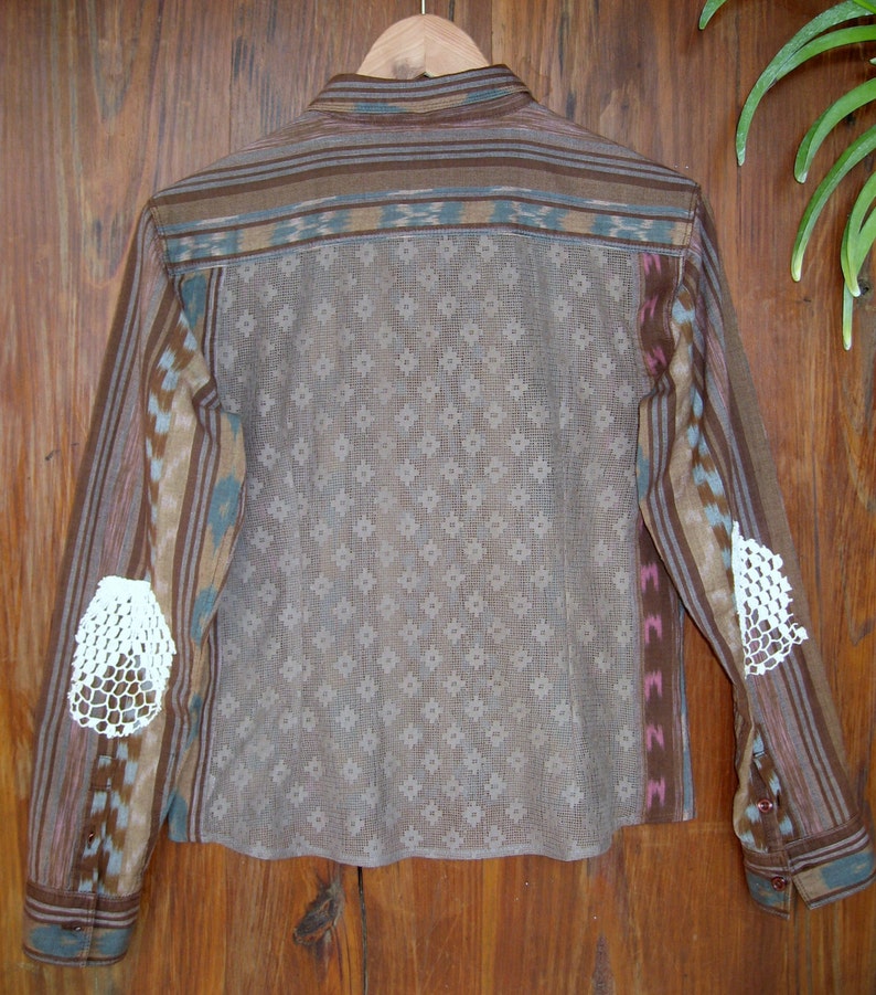 Upcycled Free People Cotton Aztec Print blouse With Ecru Lace Elbow Patches Size Small