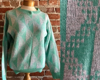 Vintage 1980's Mint Aqua Geometric Metallic Silver Knit Sweater, Made in the USA, As We Knit