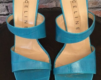 Vintage CELINE Turquoise Croc Embossed Two strap Sandal  Cone Heel    Size 38