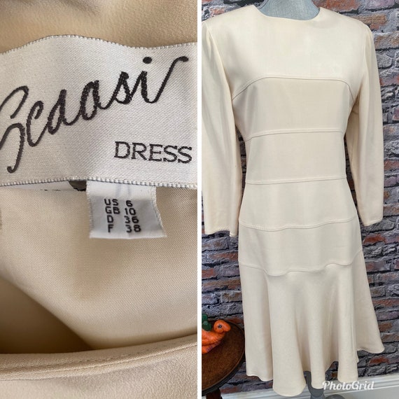 Vintage Arnold Scaasi Bone Silk Fit & Flair Dress… - image 1