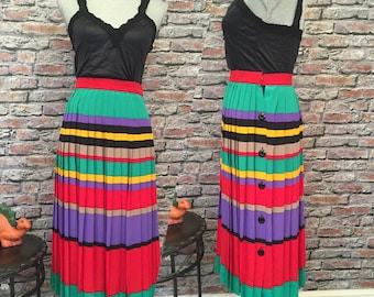 Vintage Knife Pleat, Color Blocked Silk Midi Skirt   Size 2