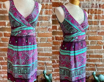 Sukienka vintage Nanette Lepore Anthropologie z jedwabiu i lnu w stylu BOHO Preppy z kwiatowym wzorem w stylu plemiennym, rozmiar 2
