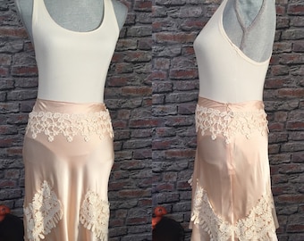 Slip skirt, Up-cycled Vintage Ballinger Gold Silk Blush Skirt With Antique Lace Embellishments, Size Small
