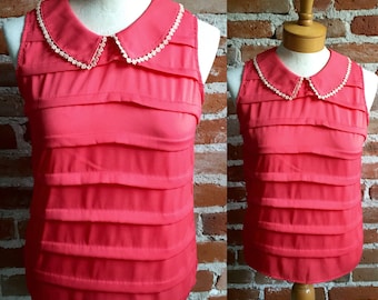Dames vintage mouwloze blouse met kraag en kanten details