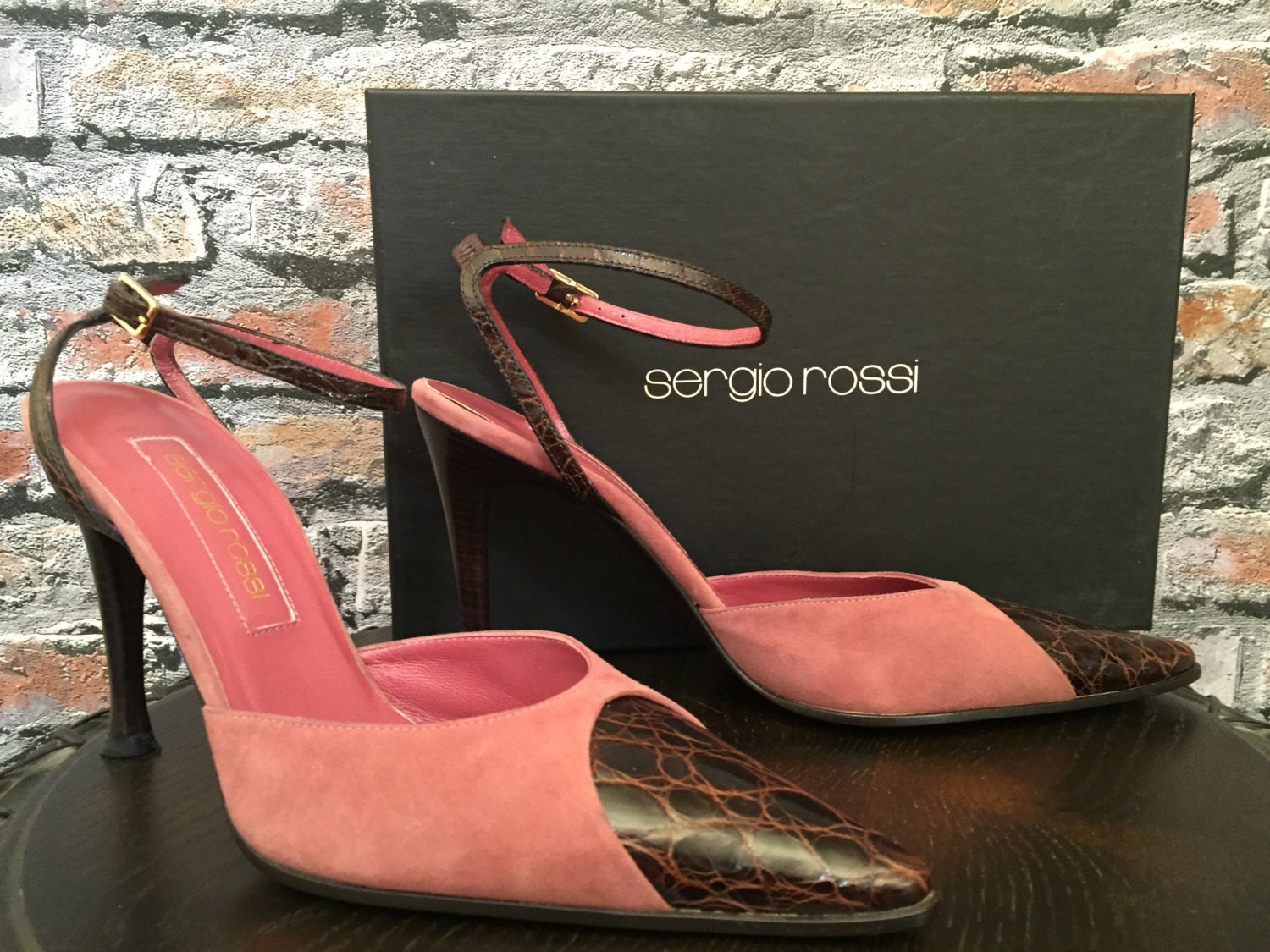 Vintage Sergio Rossi Rose Suede and Brown Croc Ankle Strap