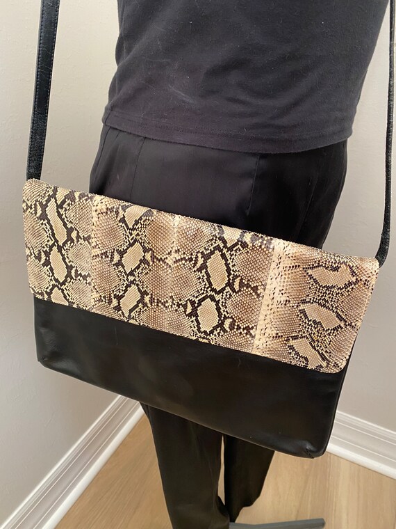 Vintage Black Leather & Snakeskin Envelope Should… - image 6