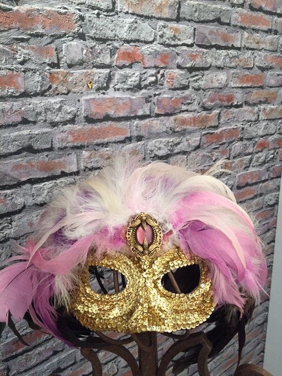 Vintage 1980's Feather Sequin Mask Pink Purple Ha… - image 6