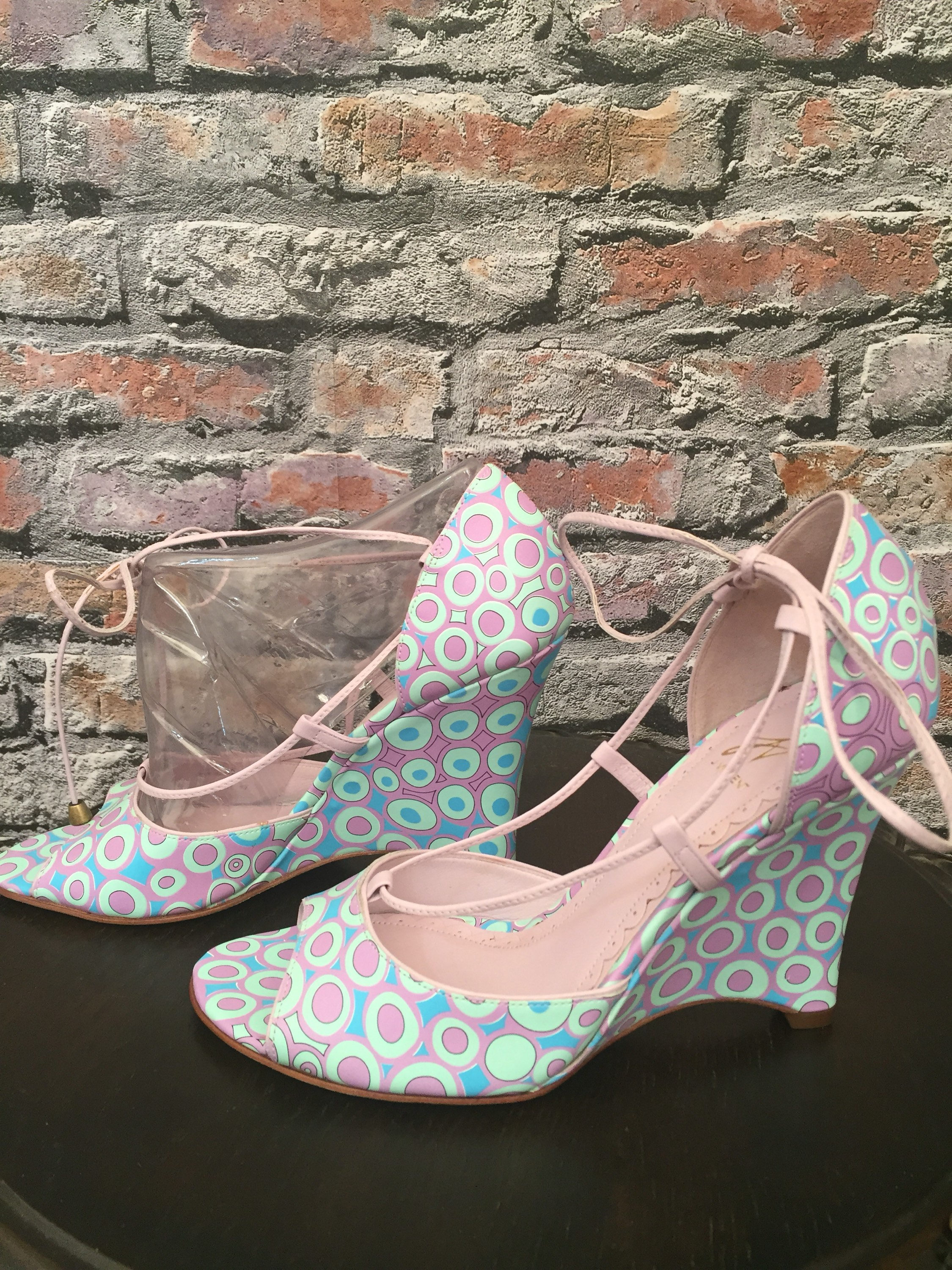 Vintage Art Nouveau Leather Wedge Sandal Pastel Lavender Mint Teal Ankle Tie  Size 6m