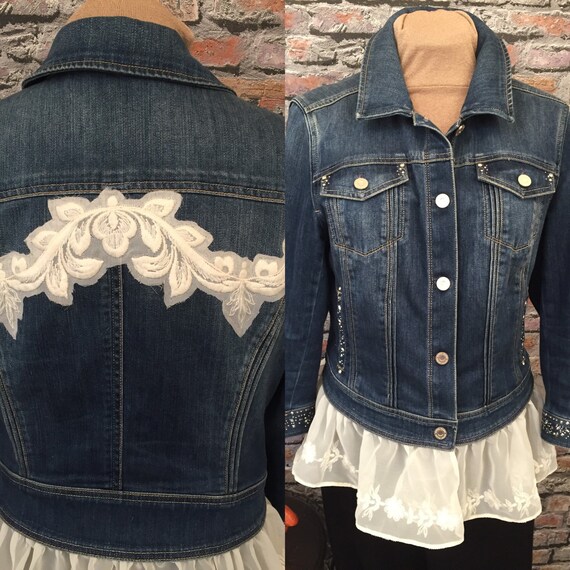 Denim Jacket Embellished With Lace Peplum and Studs Size Etsy