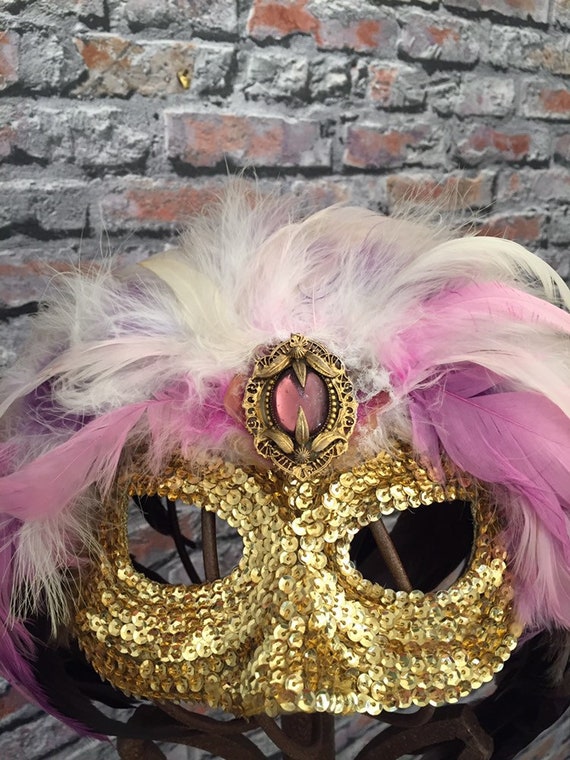 Vintage 1980's Feather Sequin Mask Pink Purple Ha… - image 1