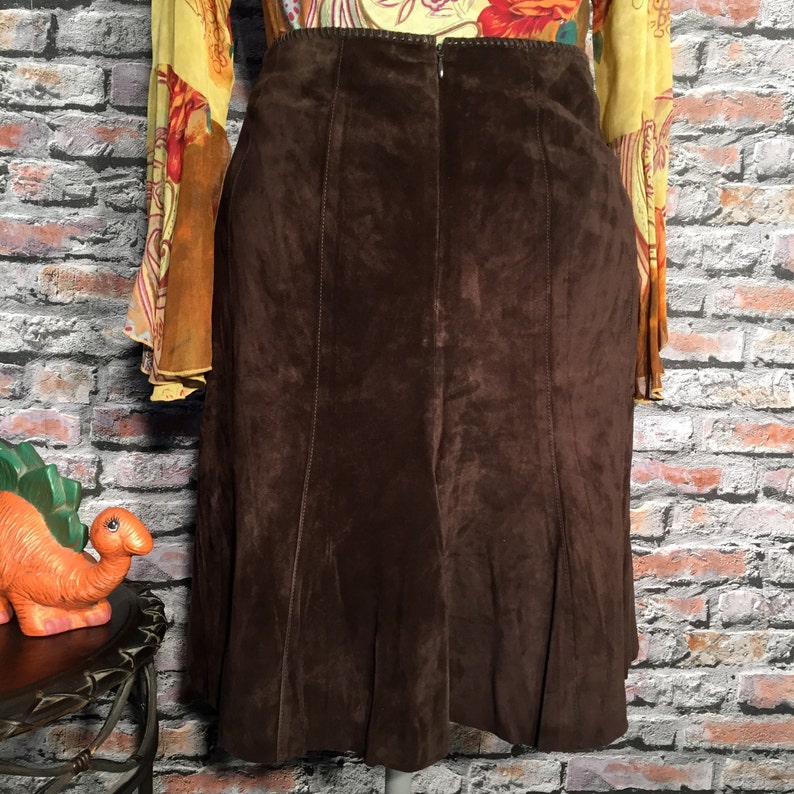 Vintage Chocolate Suede Leather Embroidered Womens Skirt Size 8 image 2