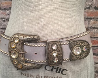 Vintage Streets Ahead Pearl Grey Pewter Studded Wide Hip Belt  Size Small