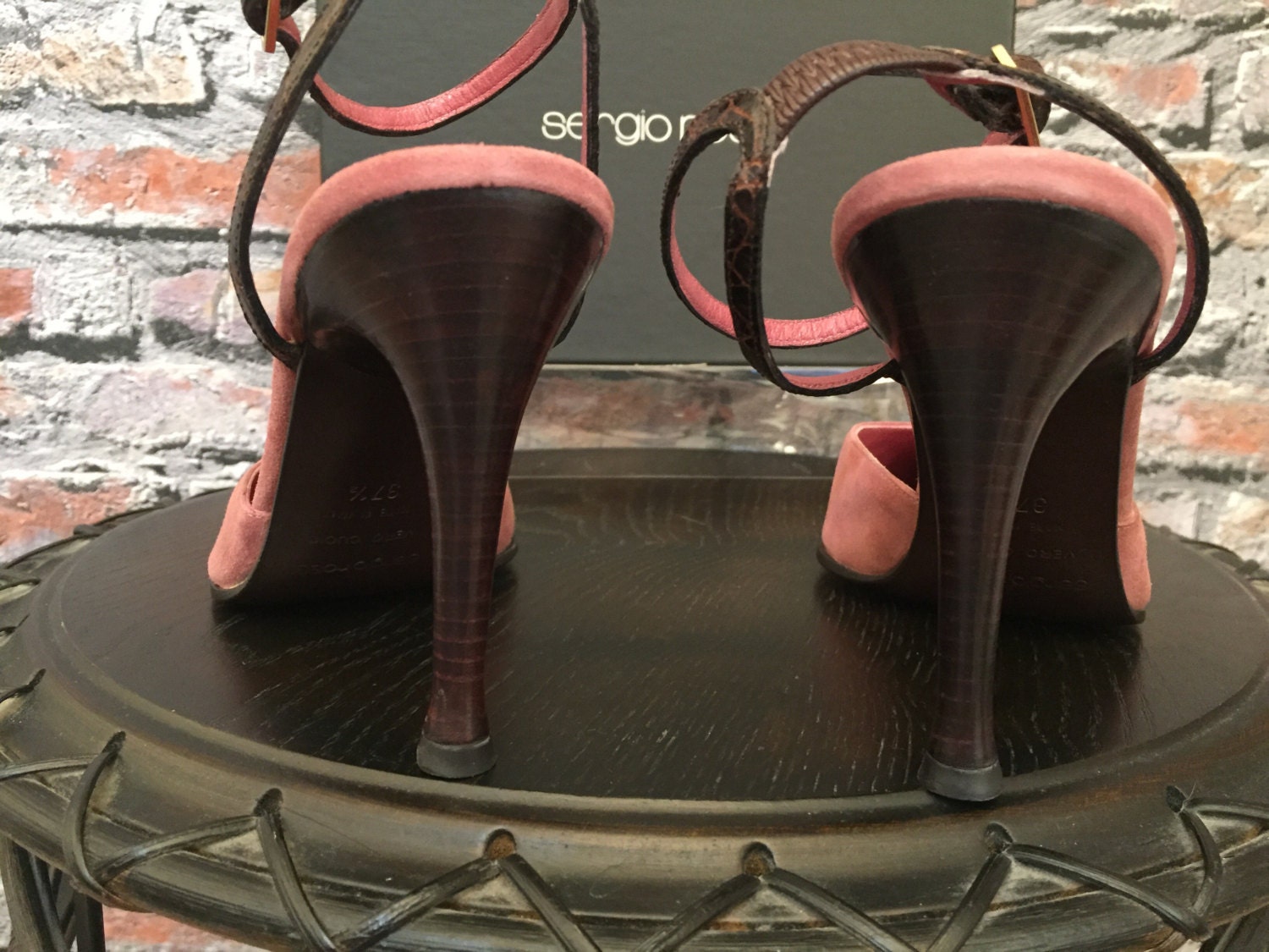 Vintage Sergio Rossi Rose Suede and Brown Croc Ankle Strap