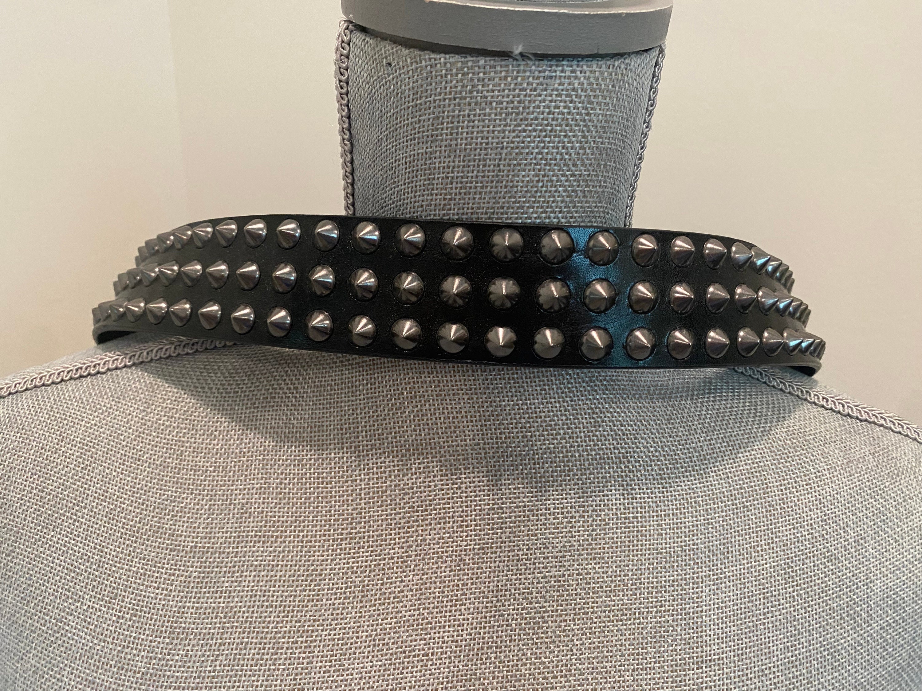 Vintage Burberry Studded Black Leather Belt, Gun Metal