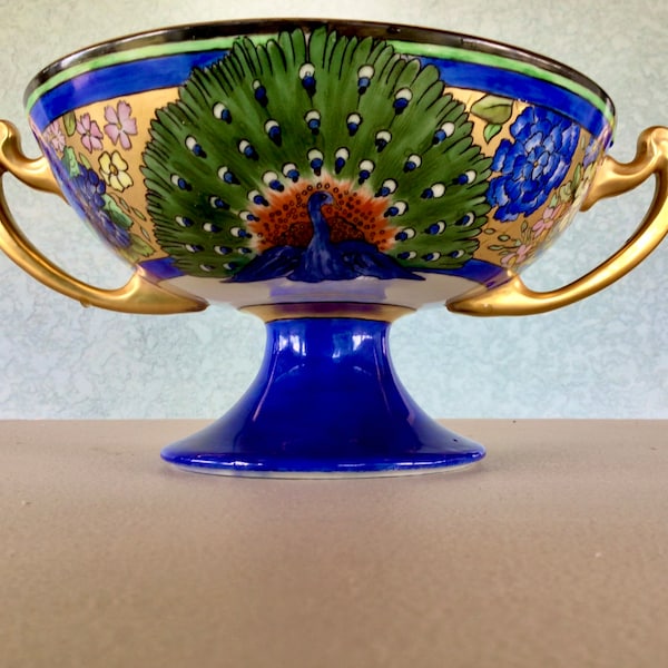 Art Deco Peacock Compote-Hand painted Peacock Fruit Bowl-Made in Japan -Luster Art Deco Compote-Signed Sandwich-Free Shipping