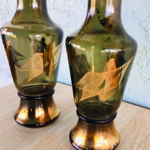 MCM green Vases Set of Two-Green and Gold Vases 5 and 7/8 inches tall each-FREE SHIPPING