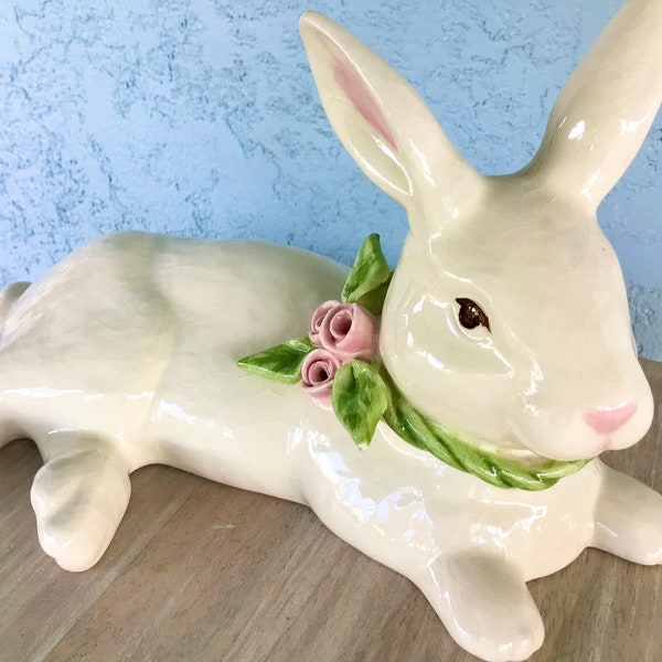 Vintage Bunny Rabbit with pink Floral neck wreath.-Easter Bunny Figurine-Rabbit Laying down Figurine—Easter bunny  decor-FREE SHIPPING