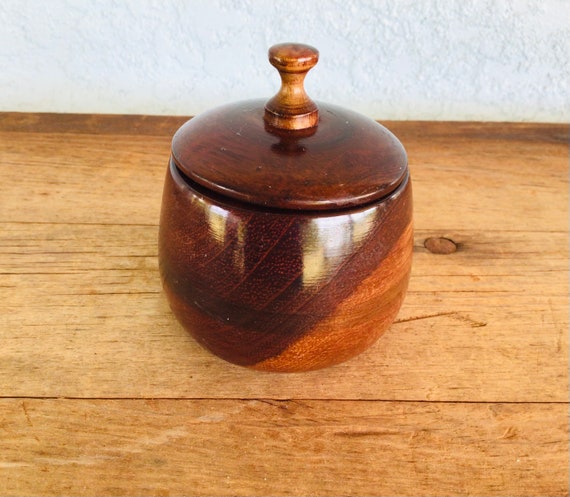 Lidded oak small storage pot. Oak wood turned trinket box with handcarved sun on the lid