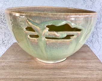 Pottery Fruit Bowl Signed Porko-Hand thrown Made Drip Glaze Fruit Bowl-Reticulated Bird Design Pottery Bowl-FREE SHIPPING