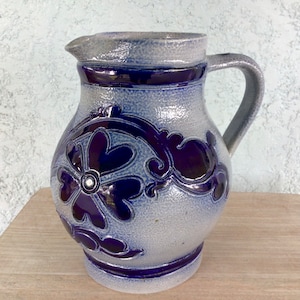 Salt Glazed Pottery  Creamer Pitcher-Signed Betschdorf Gres DAisage  Salt Glaze Pitcher France Stoneware Blue Yellow