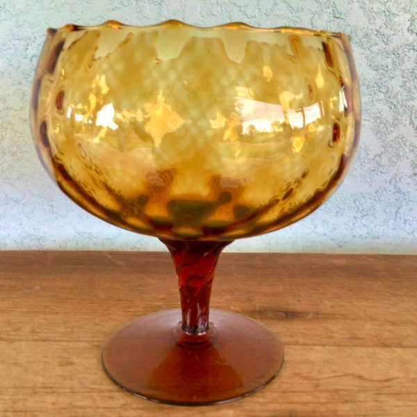 Italian Empoli Optic Glass Compote-Mid Century Modern Hand blown Amber Optic glass Compote Vase