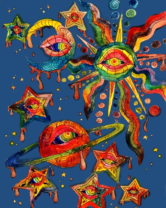 GLOSSY Psychedelic Celestial Trippy Hippy Eyeball Sun Wall Art Print