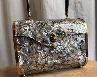 Gold Silber 1950 Majestic Acetat und Metall Geldbörse Hard Case mit schwarzem Griff oben